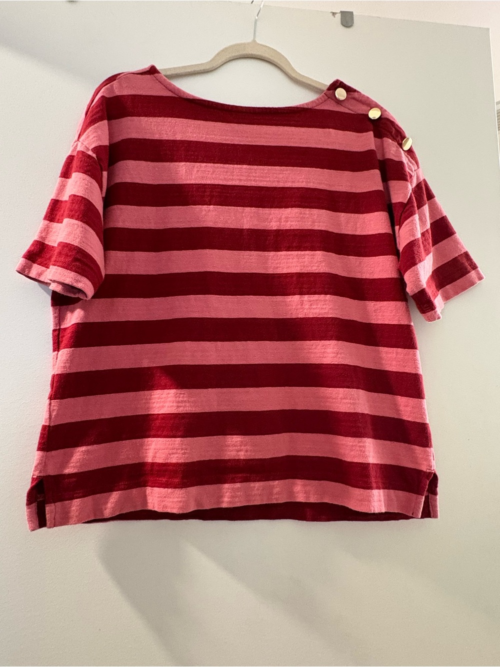 LOFT Pink and Red Striped Crewneck Short Sleeve Top Size Medium